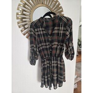 Shirtdress Black Plaid Tie Waist Dress Size Medium, Long Sleeve winter holiday